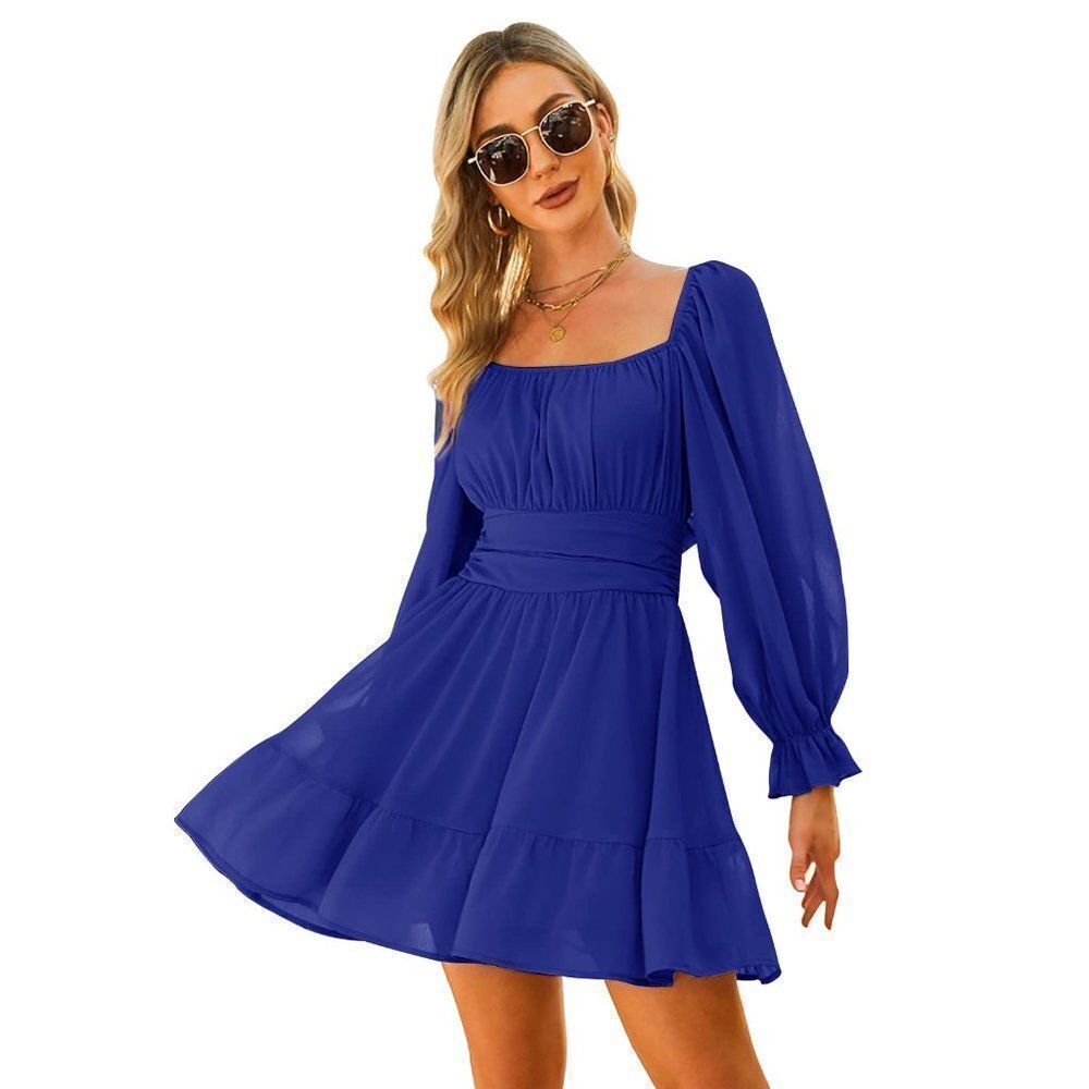 Summer Dresses Long Lantern Sleeve Square Neck Ruffle Elastic Waist Aline Casual